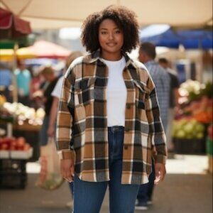 Womens Fall Plaid Flannel Oversized Shacket Shirt Jacket